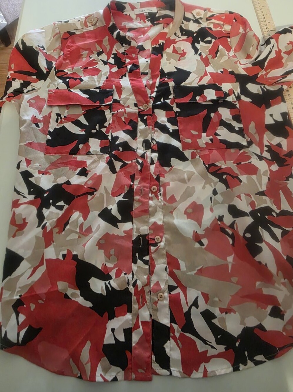 Calvin Klein Red Black Cream Abstract Print Blouse